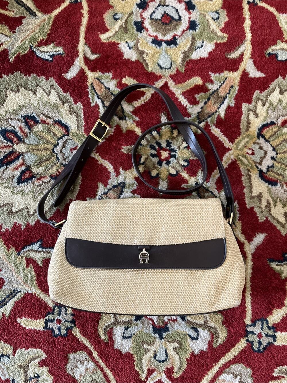 Vtg Etienne Aigner Woven Straw Jute & Leather Handbag Purse Brown Shoulder Bag